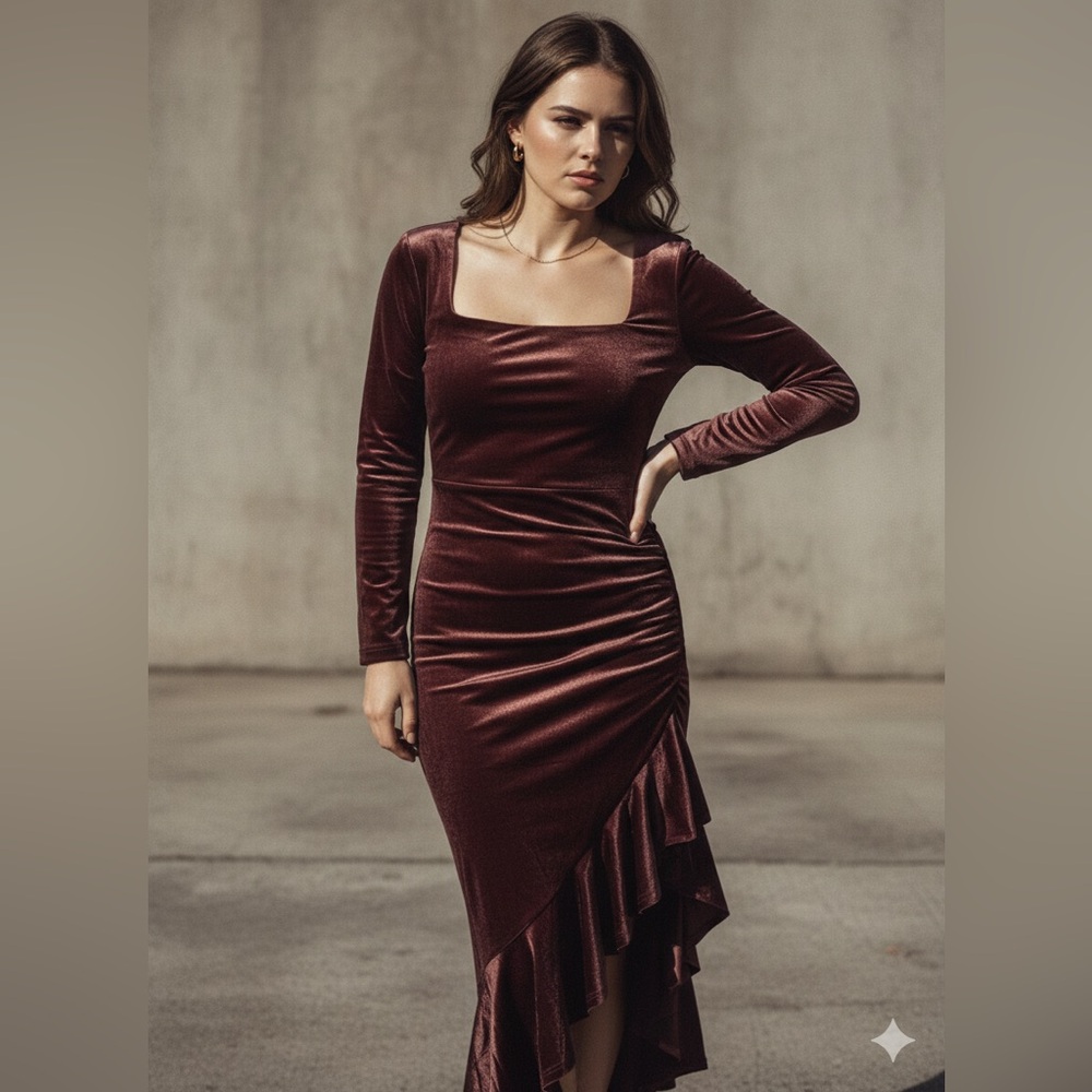 Nashalyly Velvet Stretch Brown long sleeve, Square Neckline, Ruffle Hem Dress XL